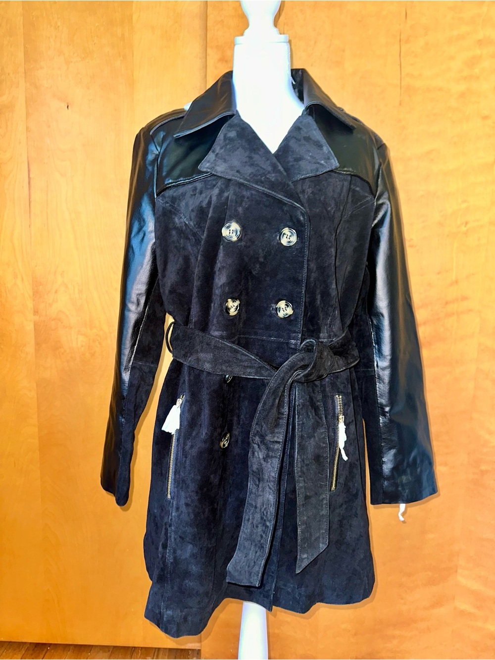 Women's Black Suede & Leather Trench Coat